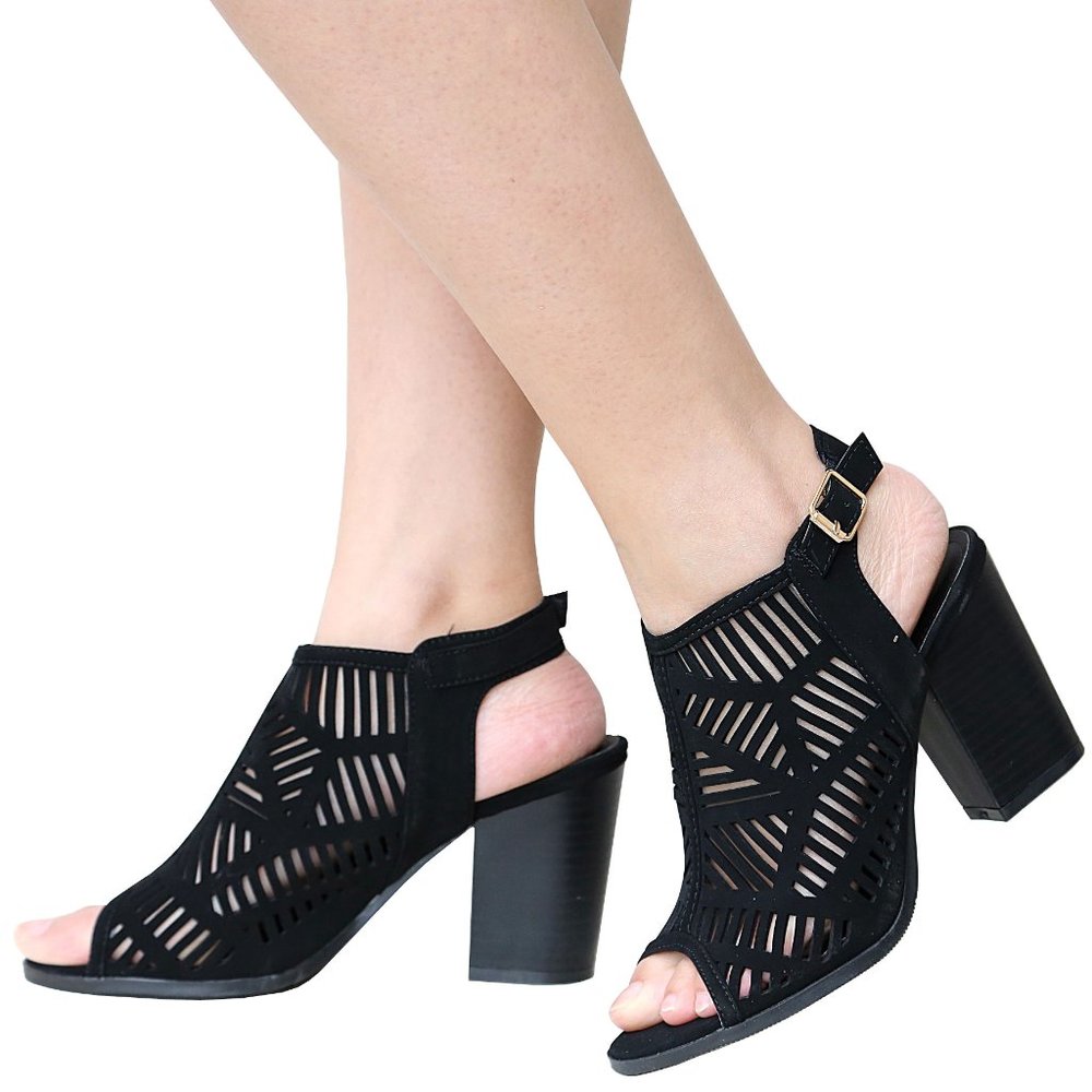 New Black Cutout Chunky Heel Ankle Booties Sandals